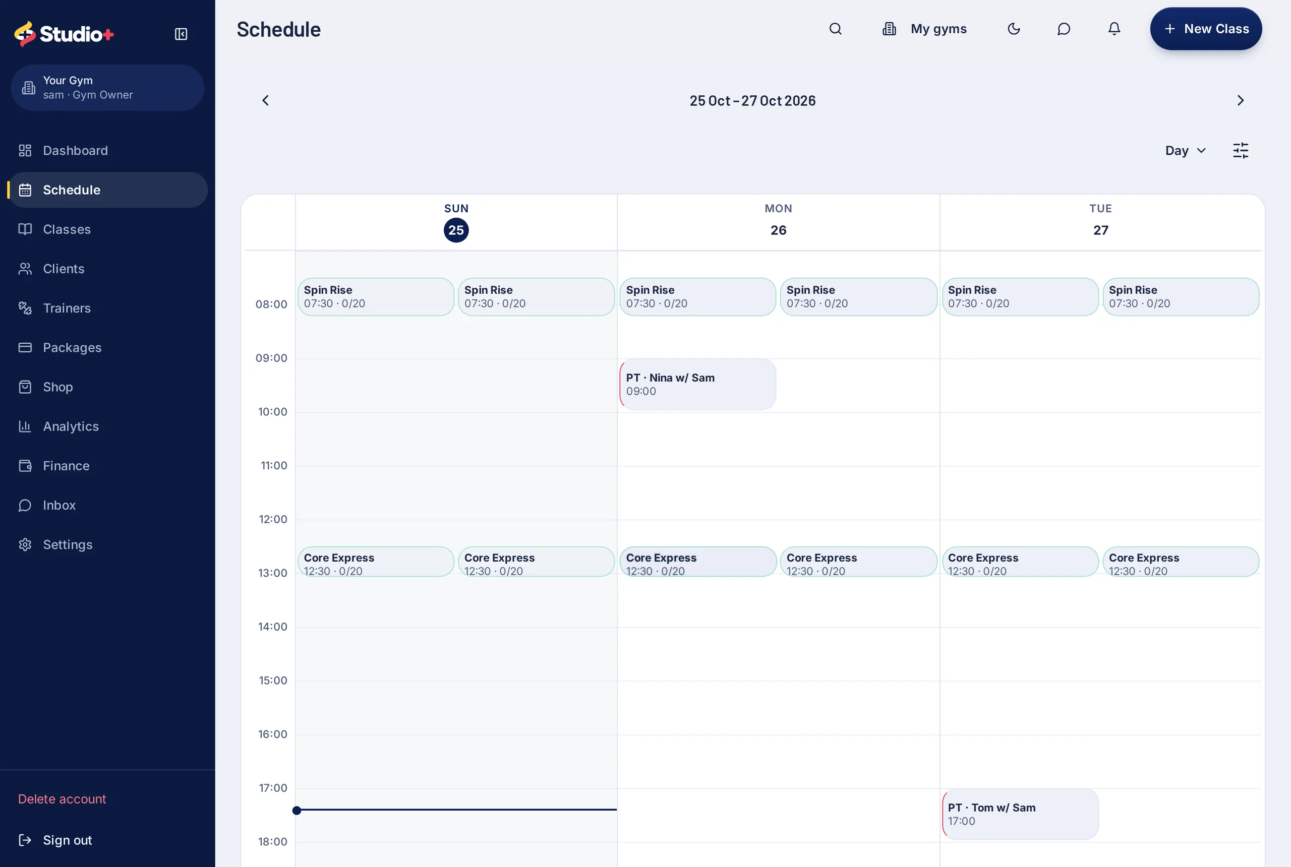 Studio+ owner dashboard showing the class schedule and gym overview