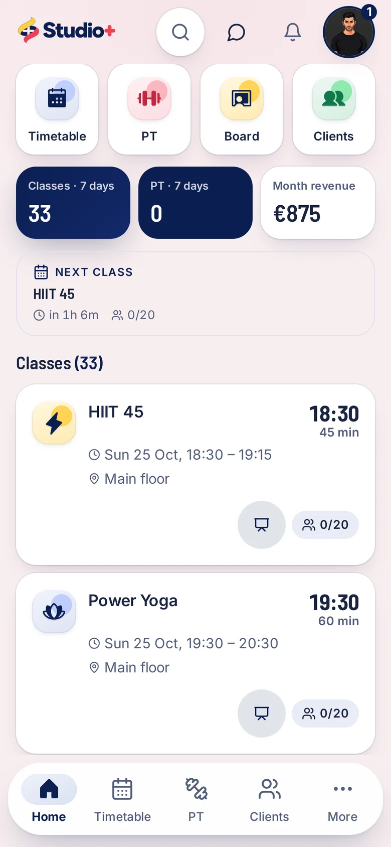 Studio+ trainer PT sessions on a phone, with example clients